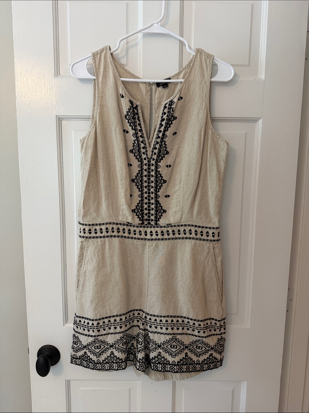 LOFT Beige Romper with Black Embroidery